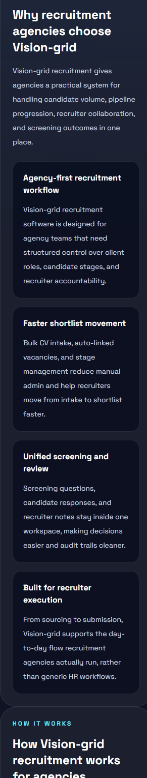 Vision Team candidate screening software showing screening link generation, timed response collection, and recruiter review for shortlist decisions
