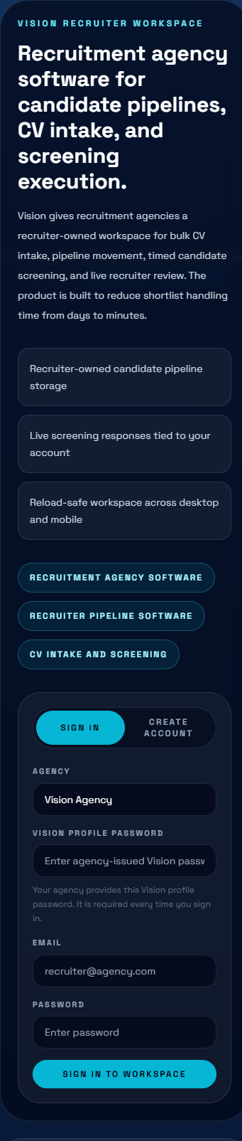 Vision Team CV intake and screening software showing bulk resume upload, vacancy matching, and screening workflow for recruitment agency operations