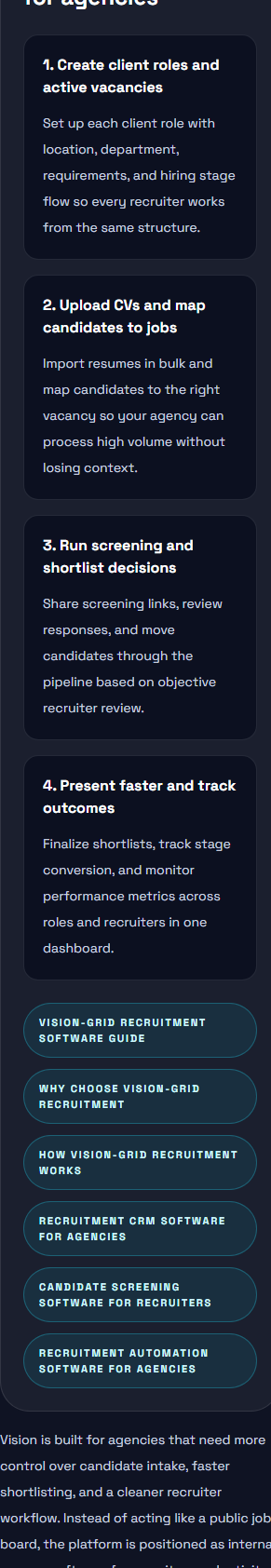 Vision Team recruitment automation software for agencies — automating CV intake, candidate matching, screening dispatch, and pipeline stage progression