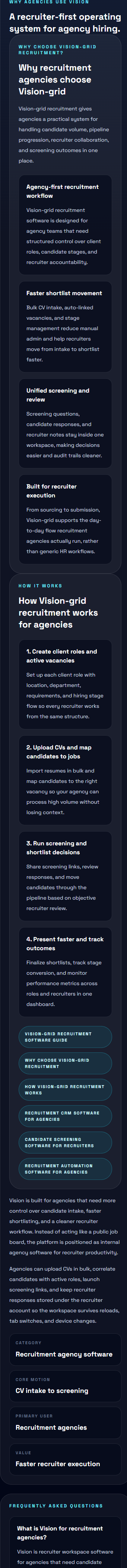 Vision Team recruitment software showing why agencies choose it — pipeline visibility, candidate stages, and recruiter accountability in one workspace